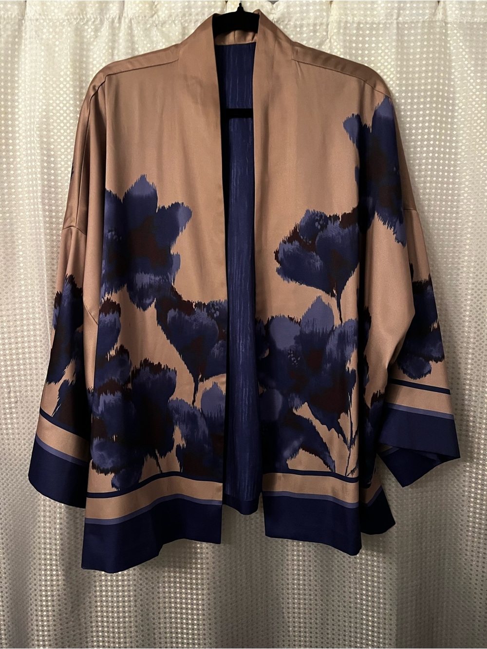 Chico's Taupe Purple and Navy Floral Open Kimono Jacket